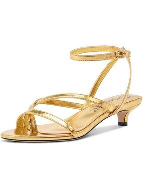Women's Gold Kitten Heel Open Round Toe Sandals Ankle Strap Prom Dress Shoes